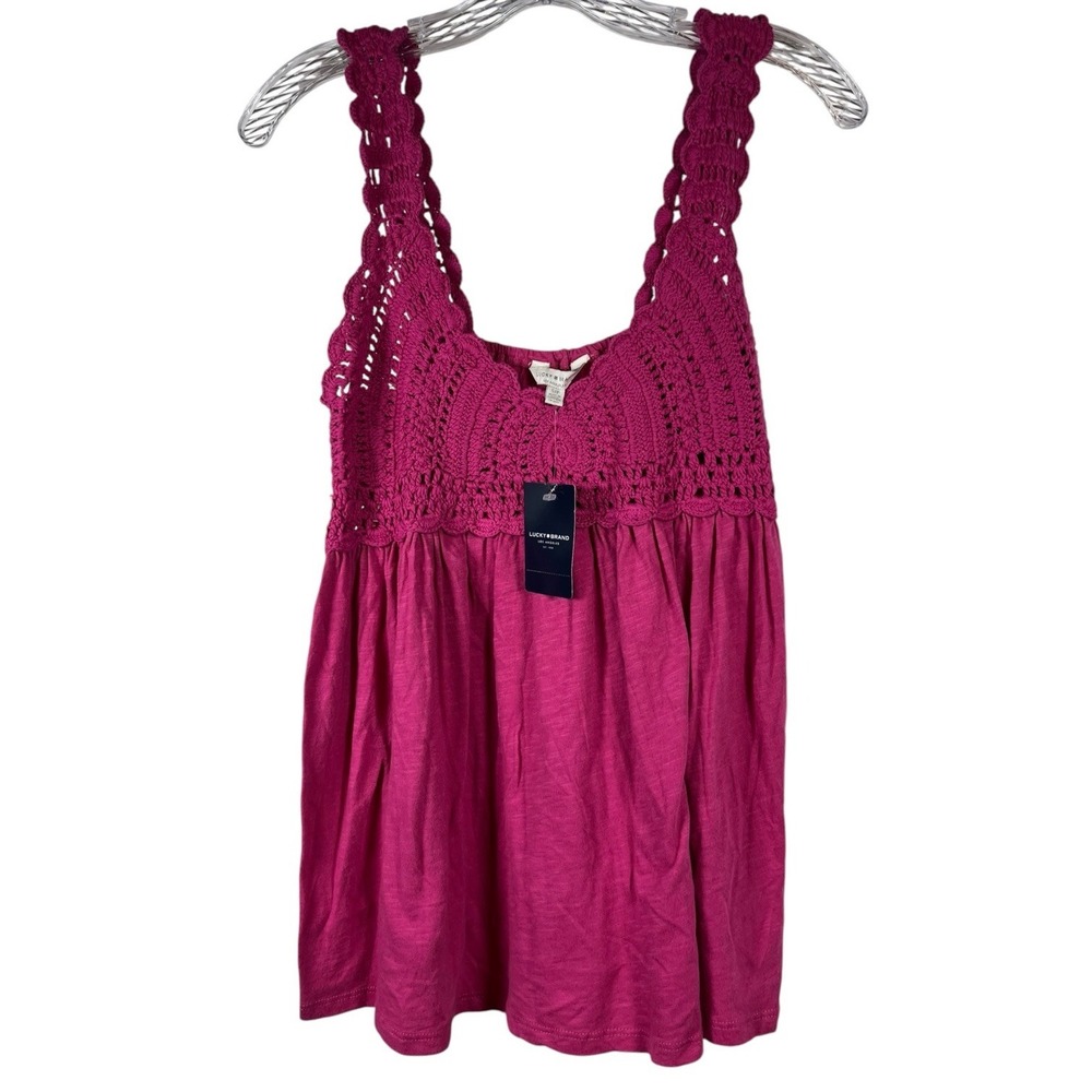 $69 NWT Lucky Brand Sz S Crochet Tank Top Pink Magenta Cotton Babydoll Stretch